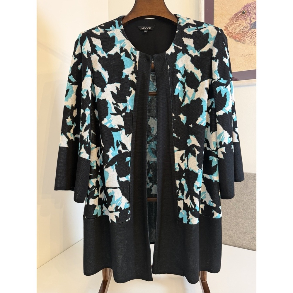 Misook Longline Cardigan Jacket Black Multicolor Structured Knit Open Front L